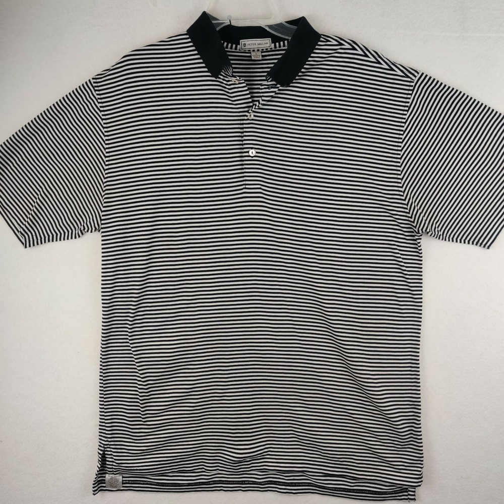 Peter Millar Black & White Striped Golf Adult Golf Rugby Polo Mens Large